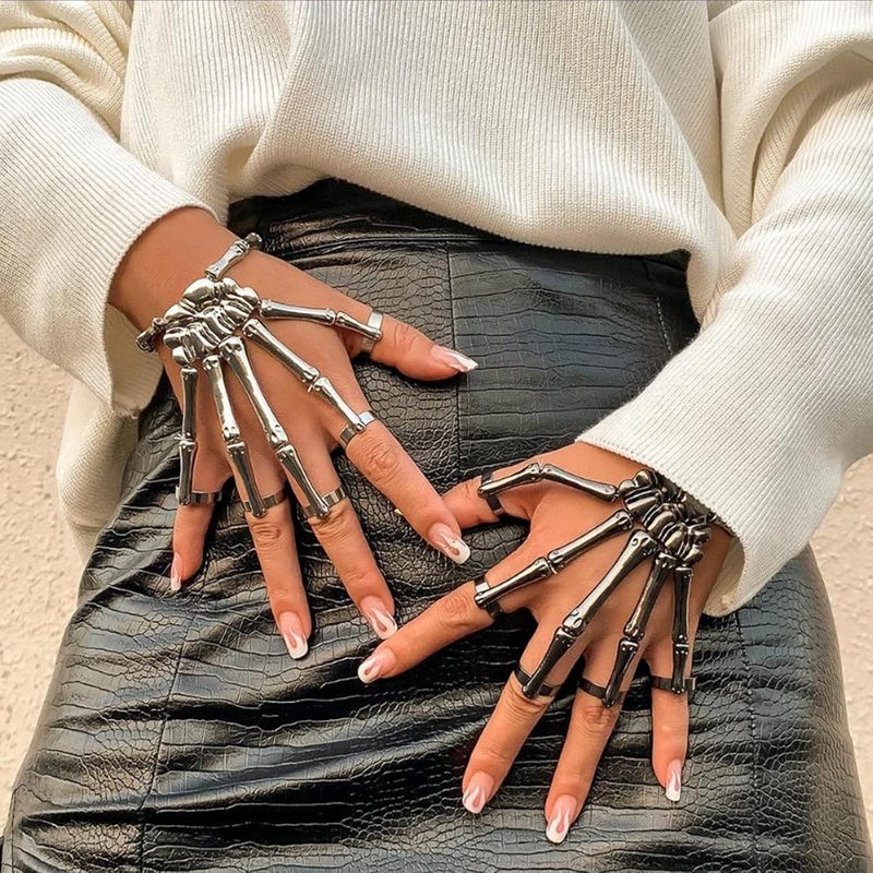 Taichell Store Skeleton Hand Bracelet Halloween Jewelry Decoration Skull Skeleton Hands with Snake Full Finger Rings for Women Men Punk Goth Bracelets Rings Jewelry Halloween Cosplay - Image 5